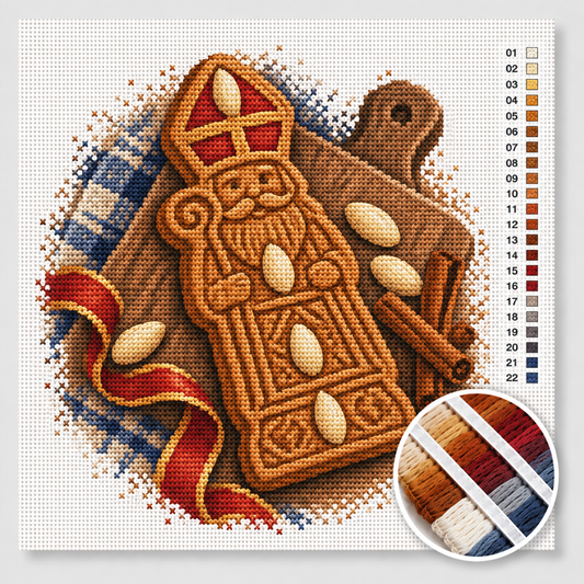 Sinterklaas kruissteek pakket — speculaaspop met amandelen op houten snijplank