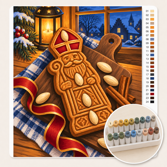 Speculaaspop met Amandelen – Kleuren op Nummer canvas met stiftenset