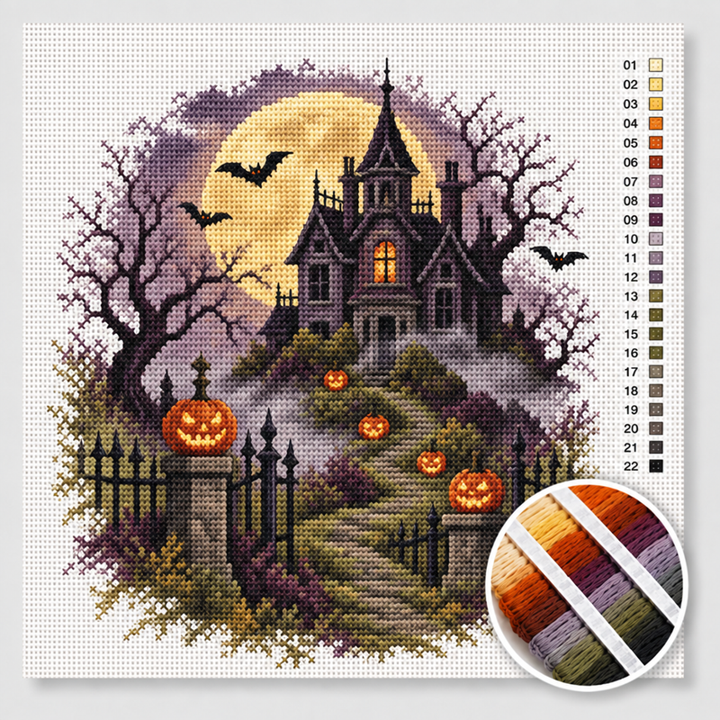 Haunted House on the Hill by the Full Moon — Cross Stitch Kit