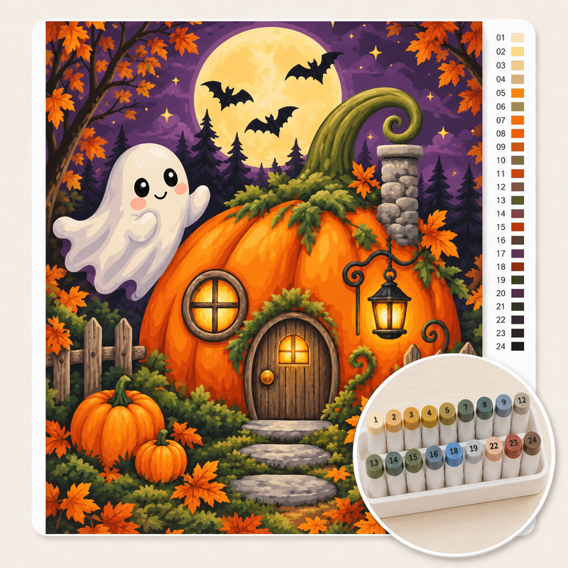 Spookje bij het Pompoenhuisje – Kleuren op Nummer canvas met stiftenset