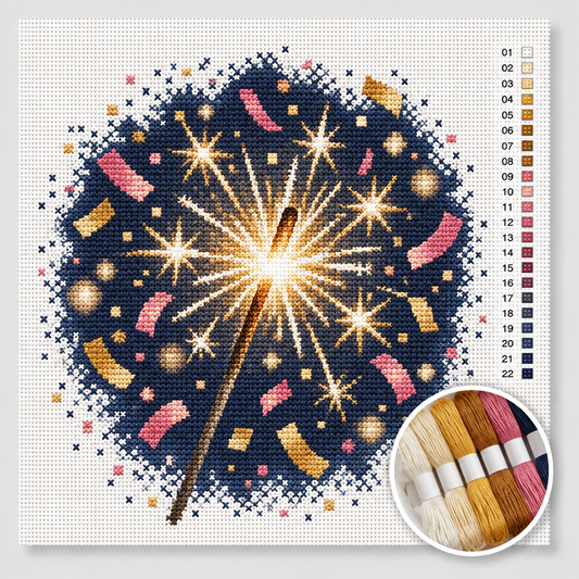 Oud en nieuw kruissteek pakket — brandend sterretje met gouden vonken en confetti