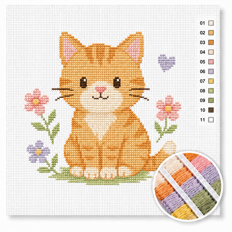 Cute Orange Kitty with Flowers — Cross Stitch Kit