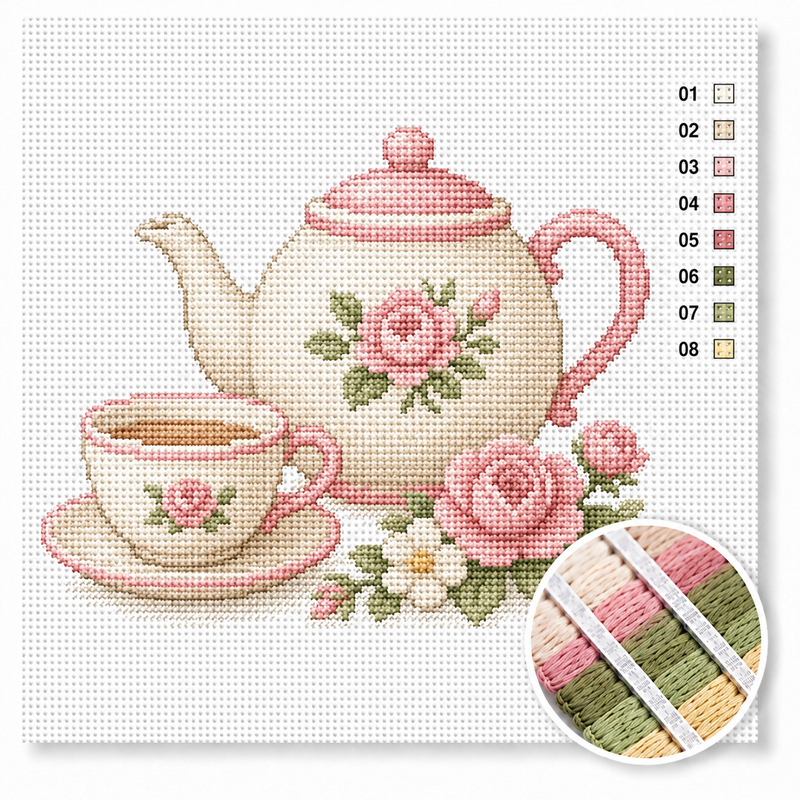 Teapot with Roses - Cross Stitch Kit