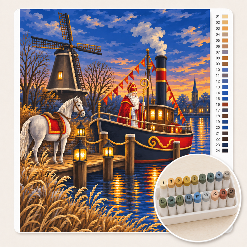 Stoomboot bij de Molen aan de Rivier – Kleuren op Nummer canvas met stiftenset
