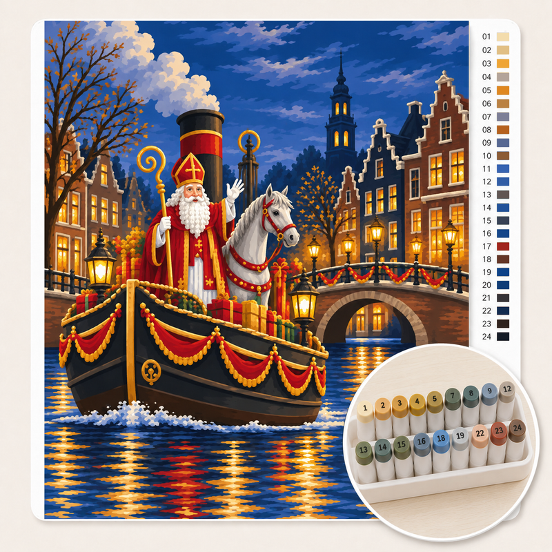 Stoomboot vaart de Amsterdamse Gracht in – Kleuren op Nummer canvas met stiftenset