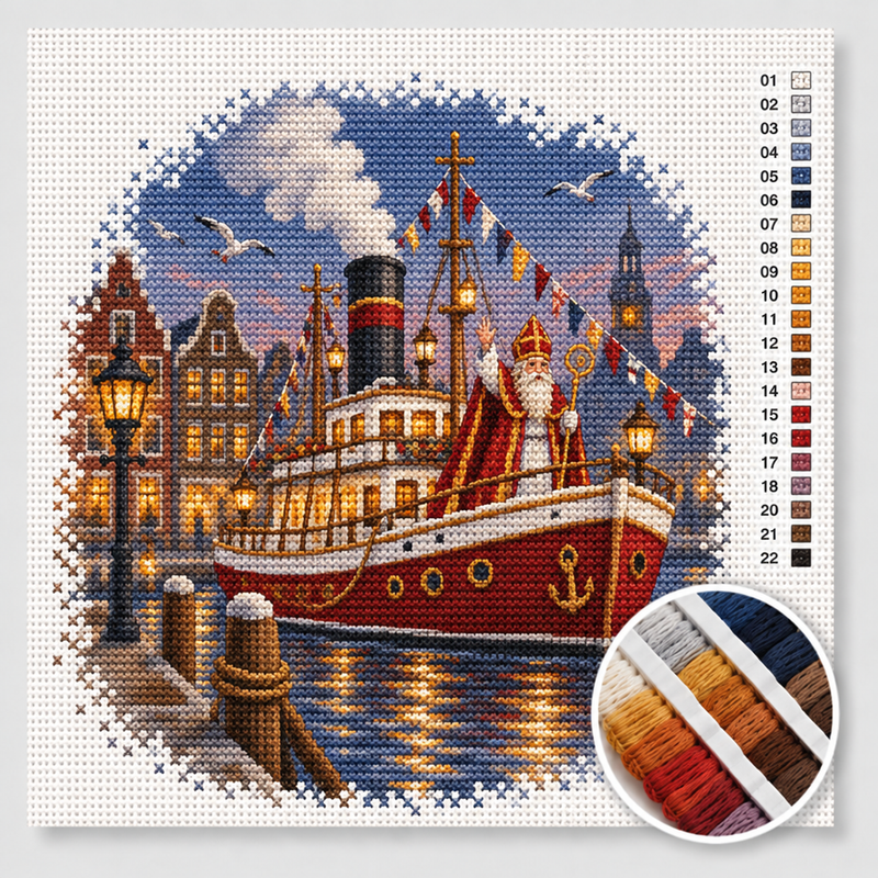 Sinterklaas's Steamboat in the Harbour — Cross Stitch Kit