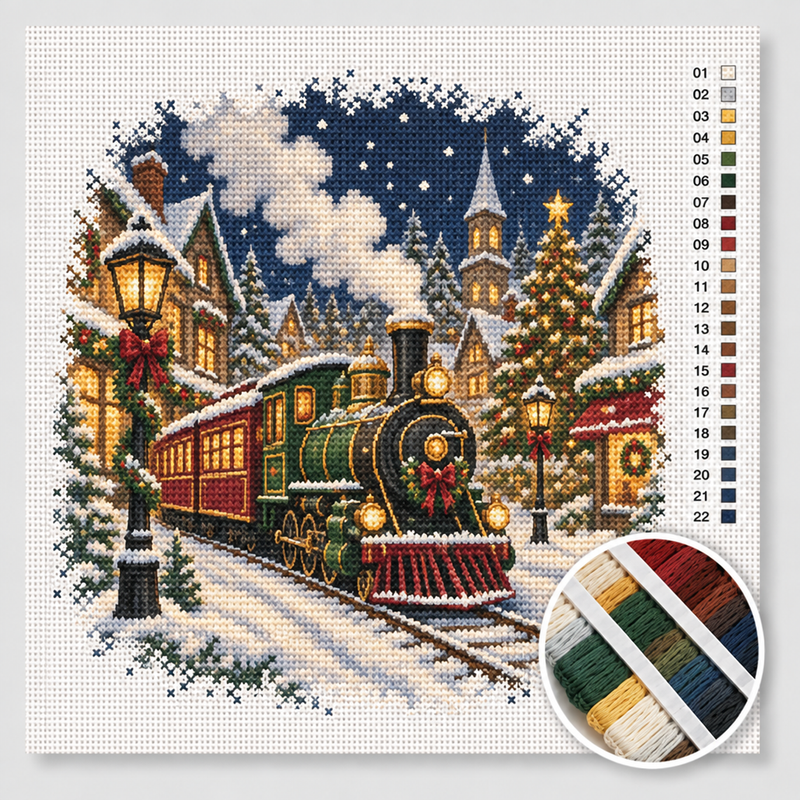 Steam Train through the Snowy Christmas Village — Cross Stitch Kit