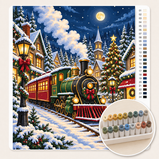 Stoomtrein door het Besneeuwde Kerstdorp – Kleuren op Nummer canvas met stiftenset
