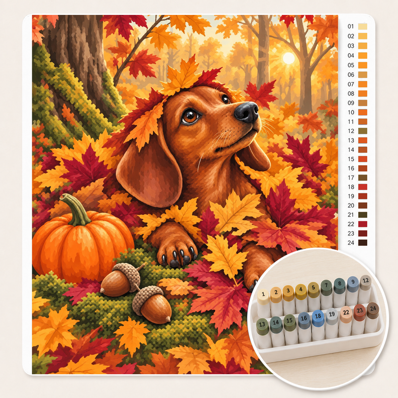 Teckel in een Hoop Herfstbladeren – Kleuren op Nummer canvas met stiftenset