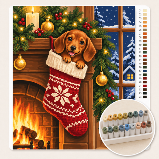 Teckel in een Kerstsok – Kleuren op Nummer canvas met stiftenset