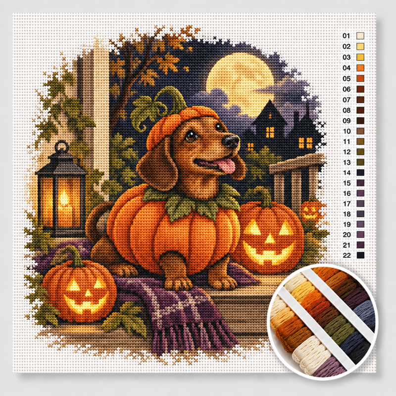 Dachshund in a Pumpkin Costume — Cross Stitch Kit