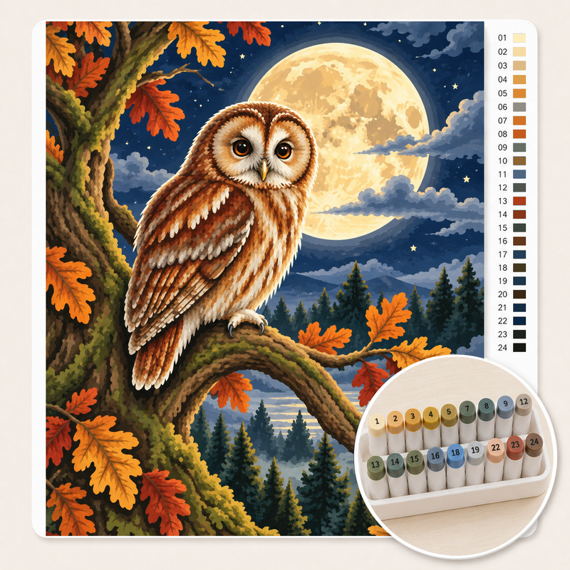 Uil op een Tak bij Volle Maan – Kleuren op Nummer canvas met stiftenset