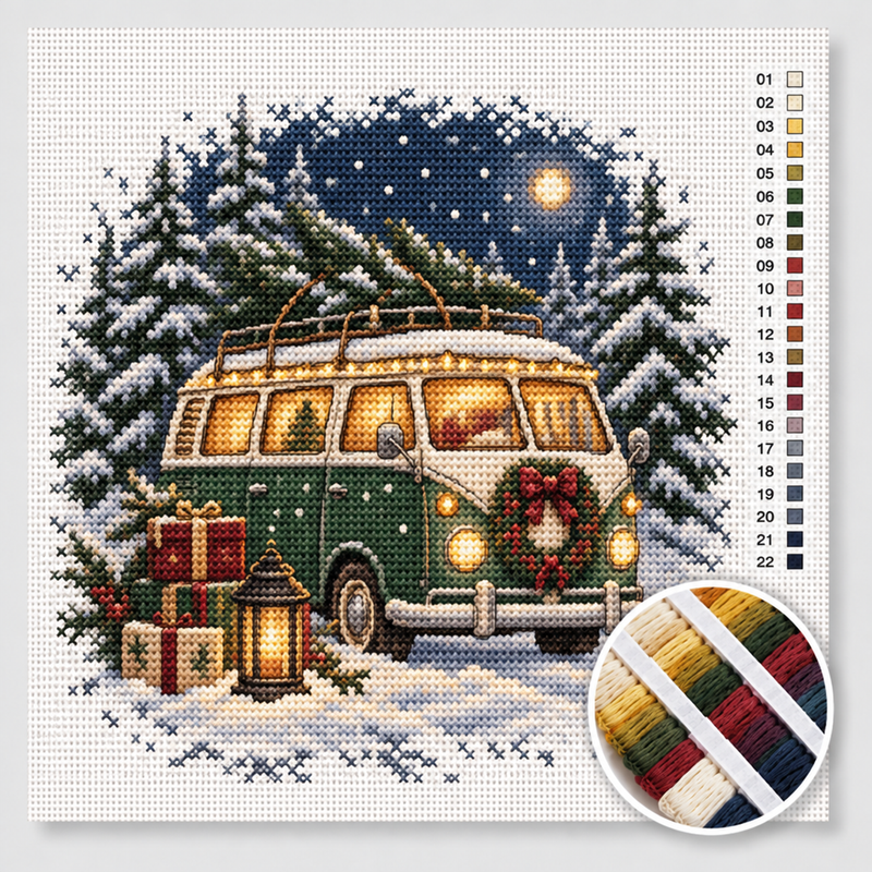 Vintage Camper Van with a Christmas Tree on the Roof — Cross Stitch Kit