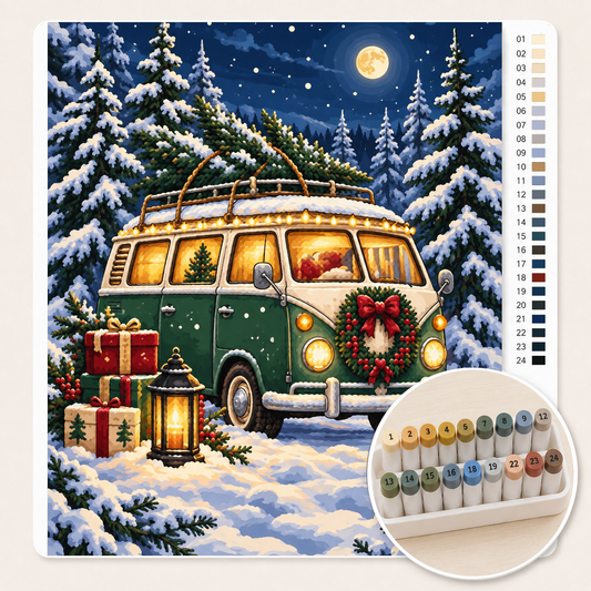 Vintage Kampeerbus met Kerstboom op het Dak – Kleuren op Nummer canvas met stiftenset