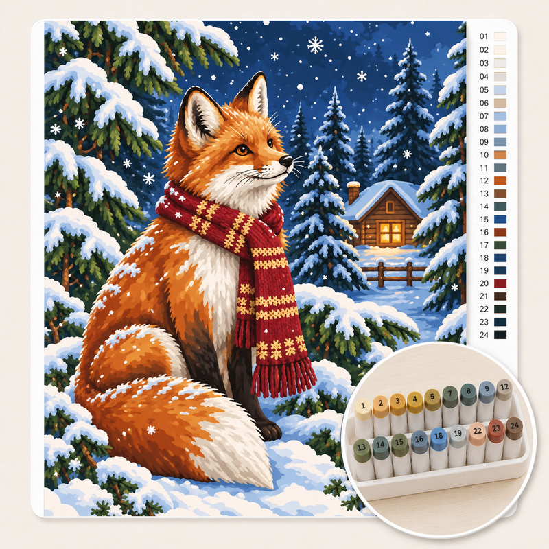 Vos in de Sneeuw met Kerstsjaal – Kleuren op Nummer canvas met stiftenset