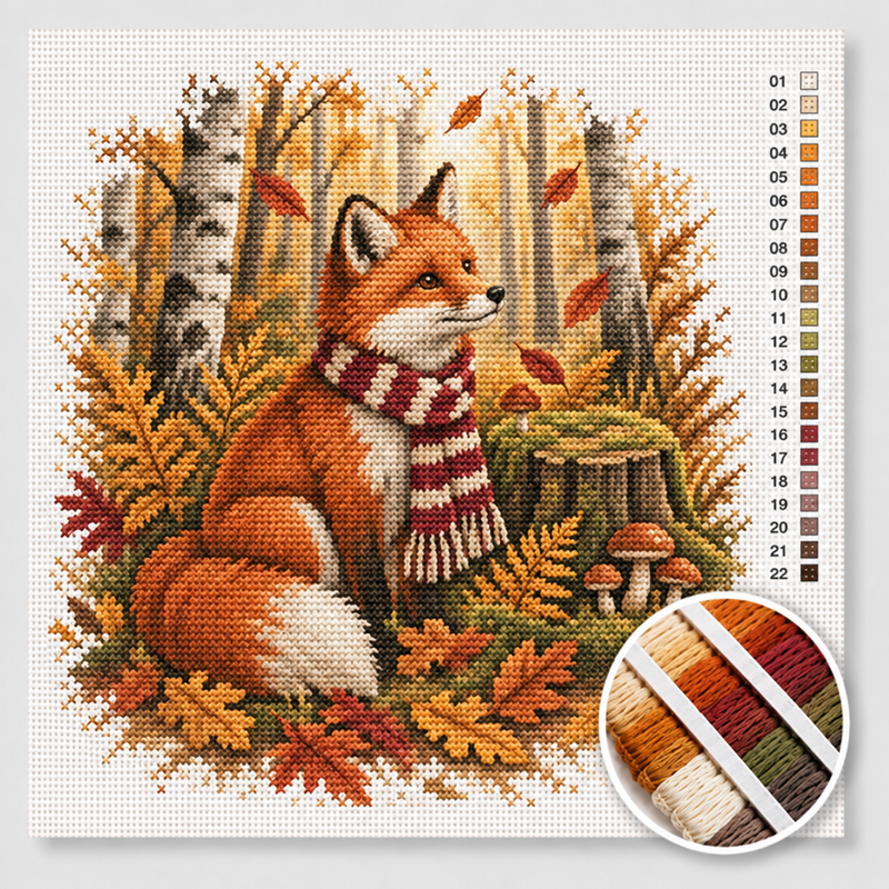 Fox with a Scarf in the Autumn Forest — Cross Stitch Kit