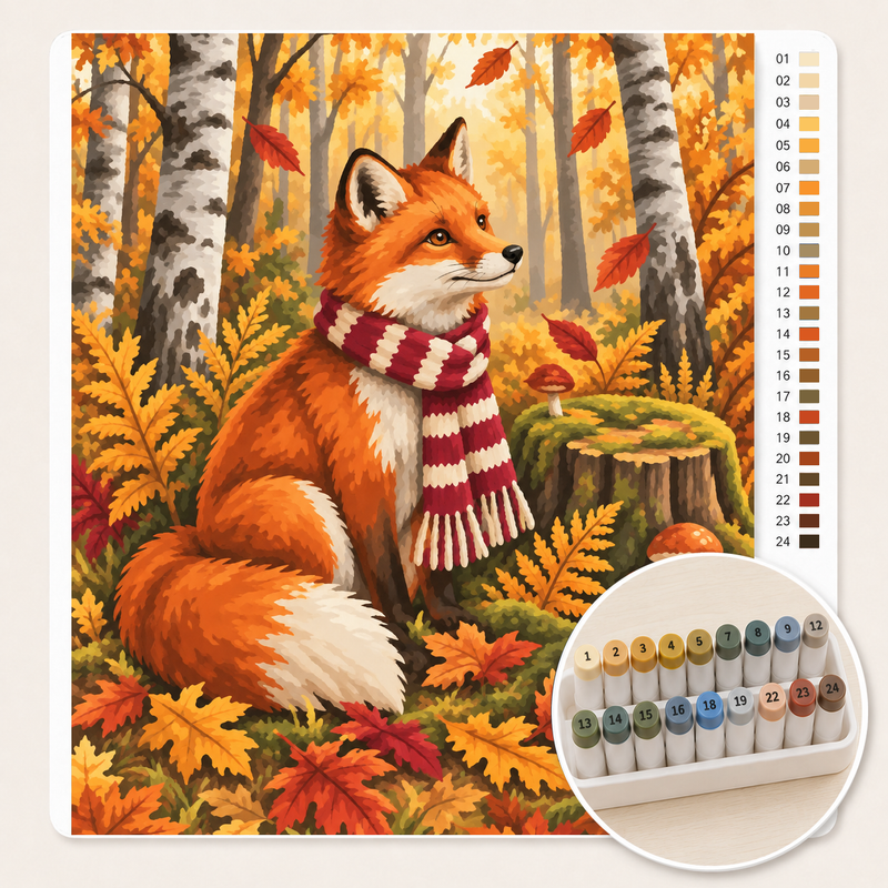 Vos met Sjaal in het Herfstbos – Kleuren op Nummer canvas met stiftenset