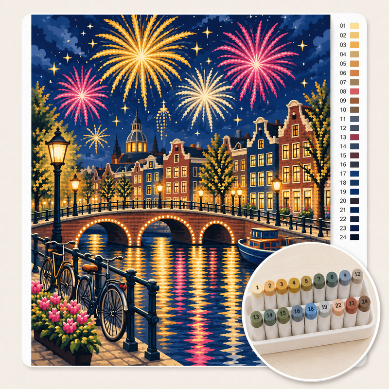 Vuurwerk boven de Amsterdamse Grachten – Kleuren op Nummer canvas met stiftenset