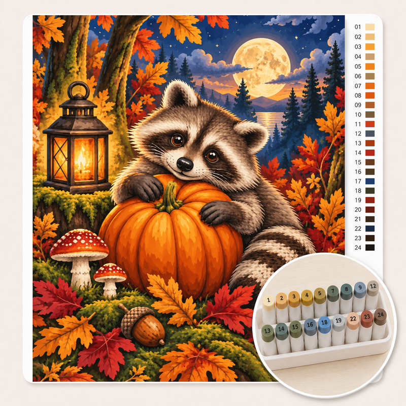 Wasbeer met Pompoen – Kleuren op Nummer canvas met stiftenset