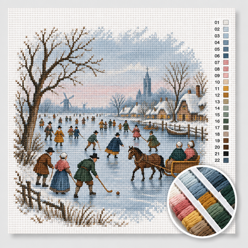 Winter Landscape with Ice Skaters — Cross Stitch Kit