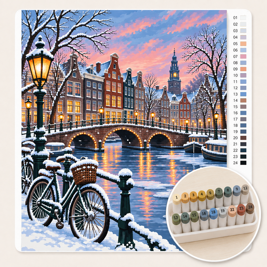 Winterse Amsterdamse Gracht – Kleuren op Nummer canvas met stiftenset