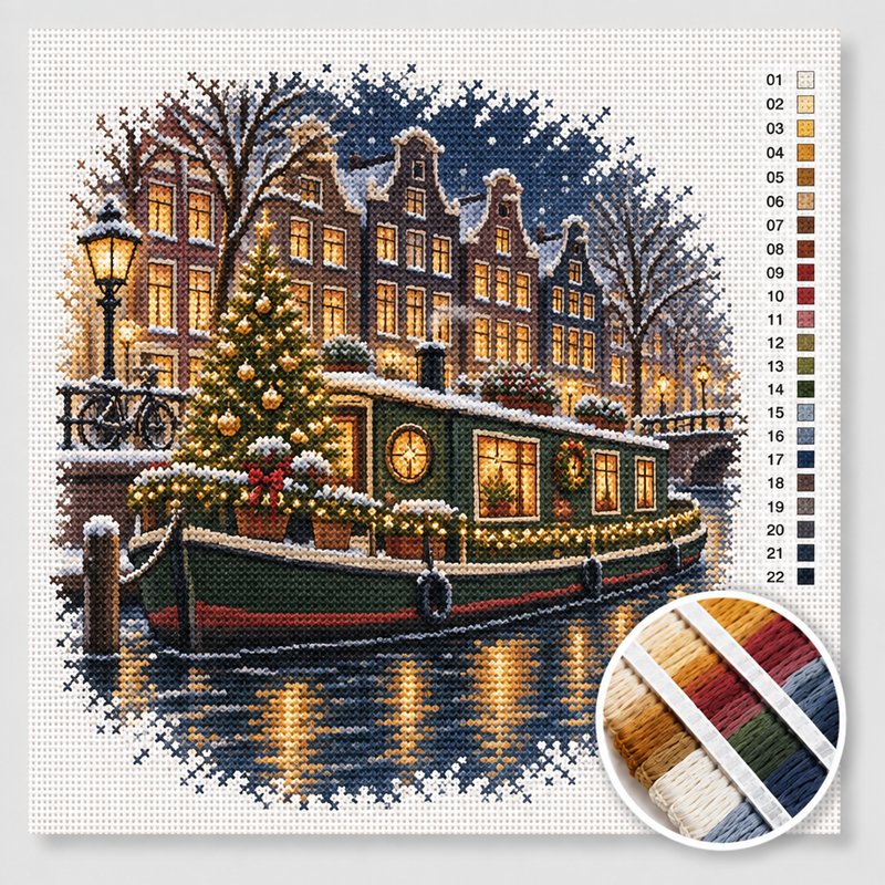 Houseboat with a Christmas Tree on the Canal — Cross Stitch Kit
