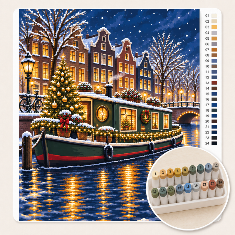 Houseboat with a Christmas Tree on the Canal — Paint by Numbers
