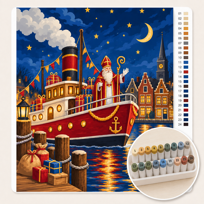 Zie Ginds Komt de Stoomboot – Kleuren op Nummer canvas met stiftenset