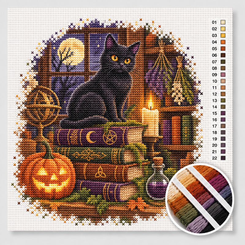 Black Cat on a Stack of Spellbooks — Cross Stitch Kit